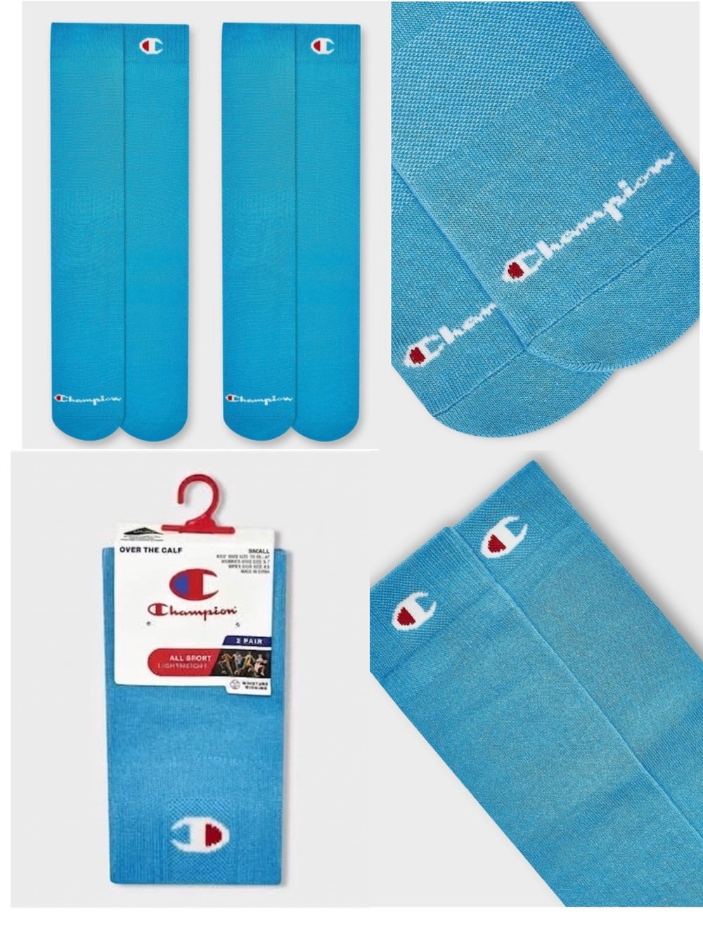 New Champion Over-The-Calf Athletic Socks in Bright Blue with Red & White Logo